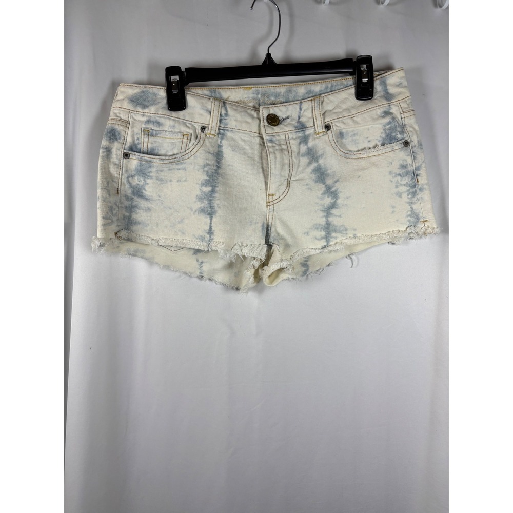 American Eagle Outfitters Tie Dye Denim Shorts White Blue Frayed Hem Size 10
